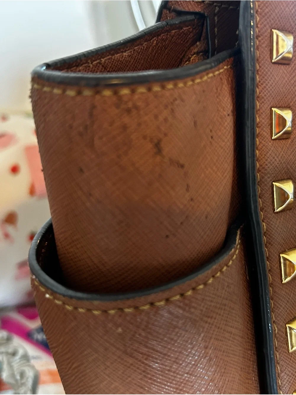 MICHAEL KORS Chestnut Brown Leather Satchel with Gold Studs